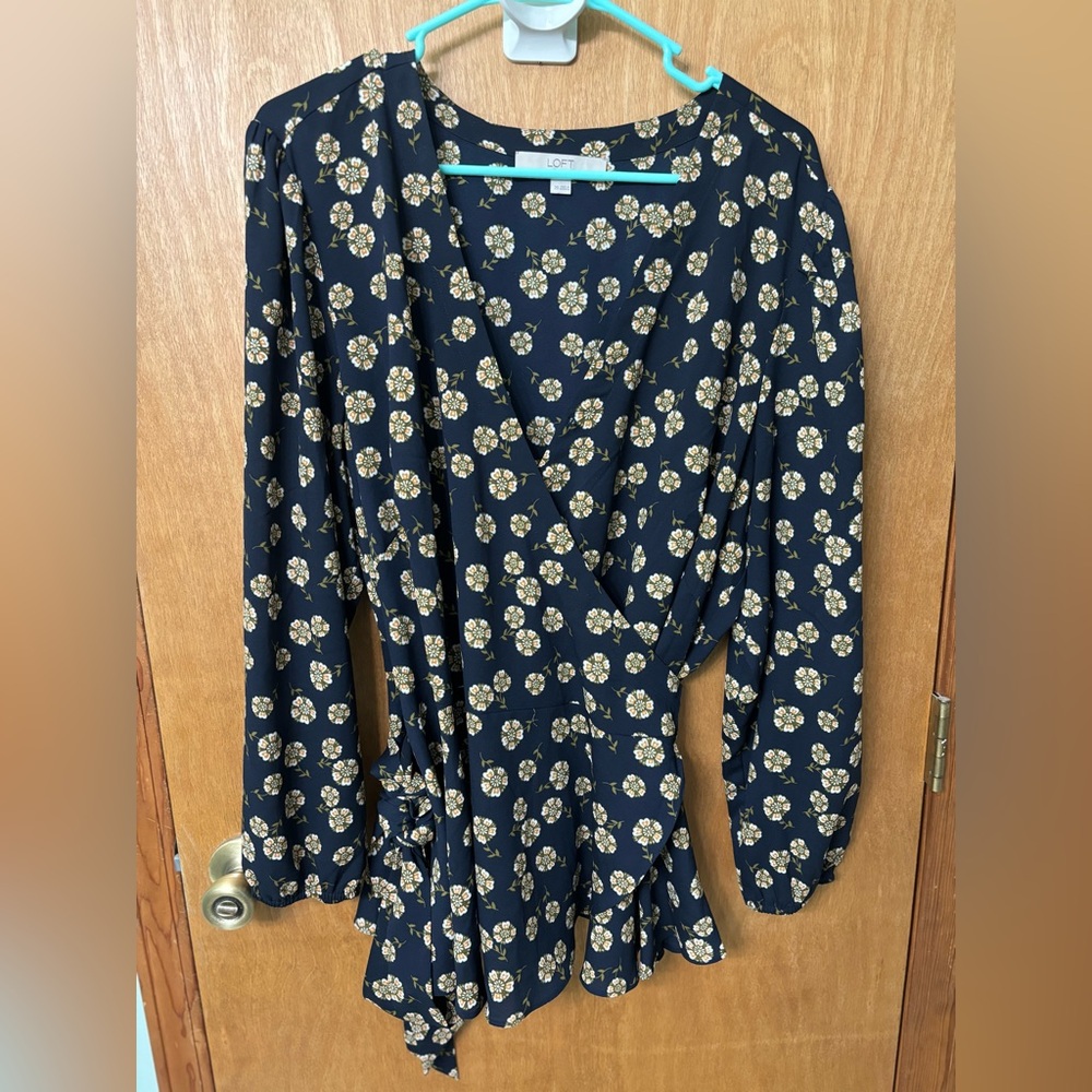 LOFT Navy Floral Wrap Blouse